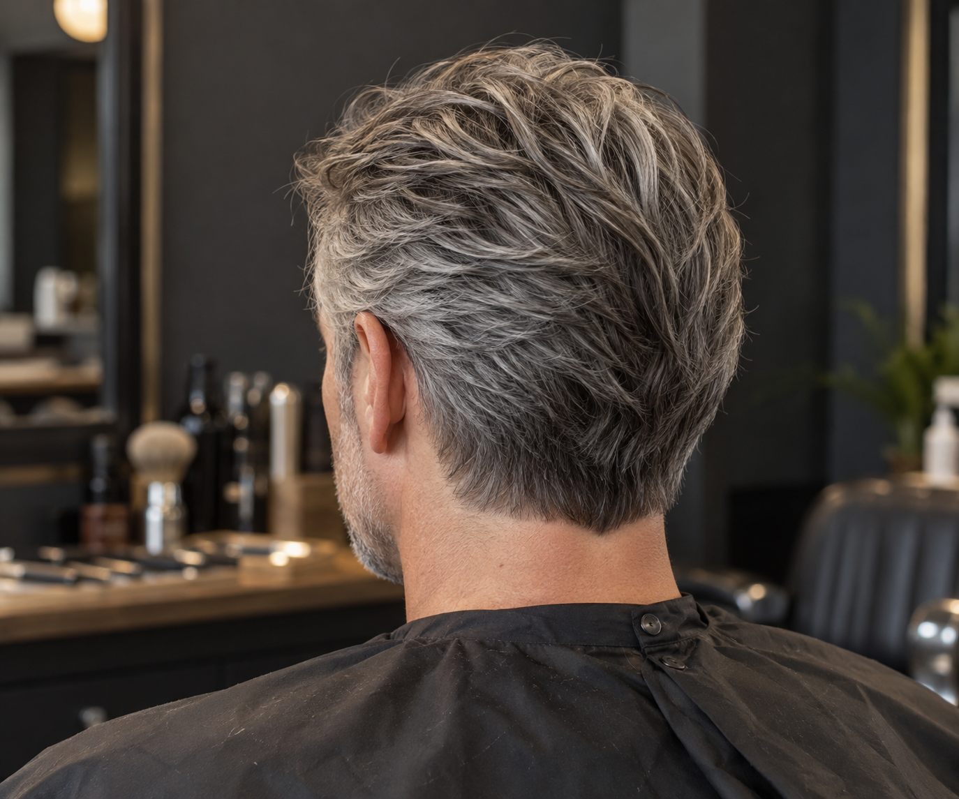 Layered silver haircut viewed from behind